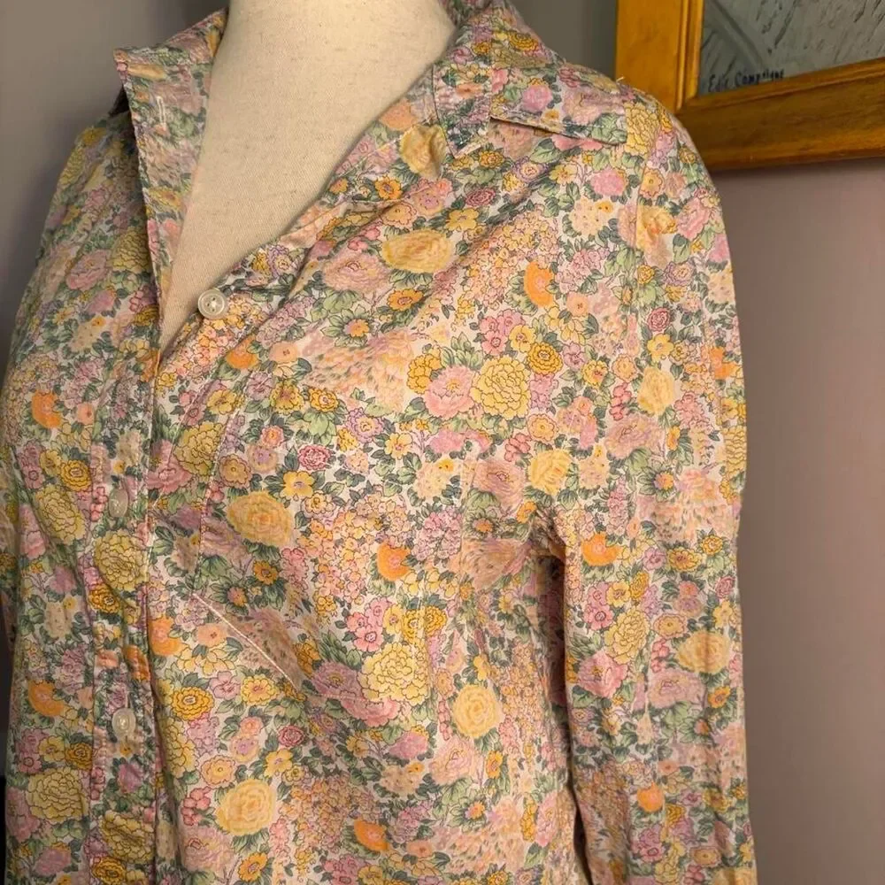 J.Crew x Liberty Fabric collab floral button up shirt pink, yellow, and green si